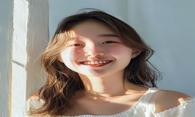 秀人写真个人写真拍摄，阳光少女在明亮棚内展现自然笑容，白色背景衬托清新气质