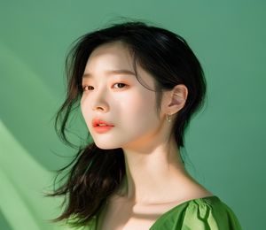 秀人写真清新棚拍作品，薄荷绿背景下自然光打亮女性侧脸，画面清爽干净