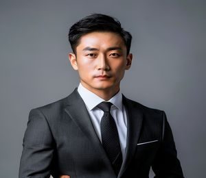 秀人写真职场形象照，简约灰背景下穿正装的职场男性展现自信专业气质